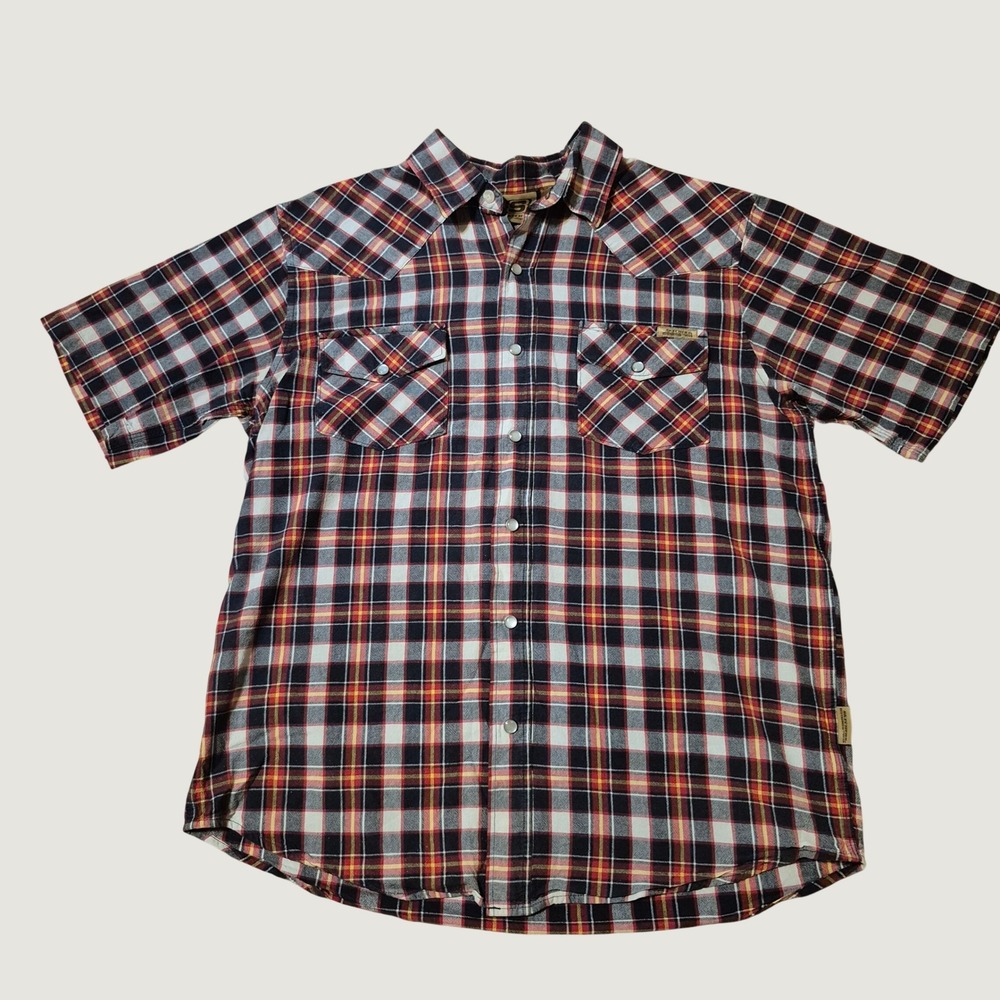 Skechers Work Shirt Mens Medium Plaid Western Snap Cotton Regular Red Navy Y2K